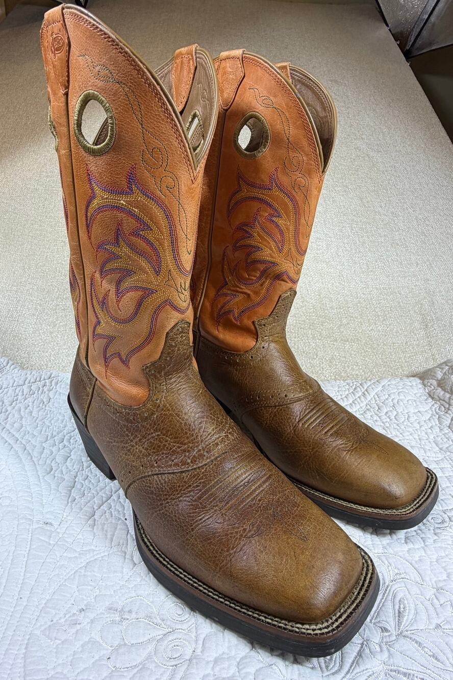 Justin Men's Tan/Orange 11D Square Toe Leather Cowboy Western Boots Rodeo Ranch